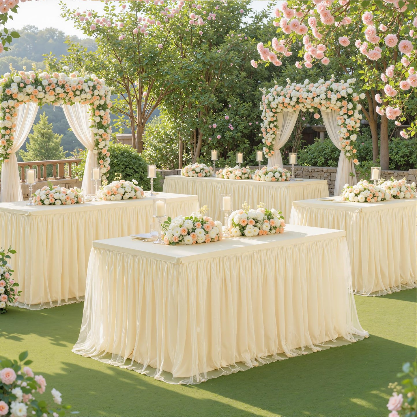 6ft Champagne Tulle Tablecloths for Rectangle Tables Stretch Rectangular Table Cloths Wrinkle Free 6 Foot Spandex Table Cover with Tutu Skirt for Wedding Birthday Party Banquet Buffet Cake Desk Skirt