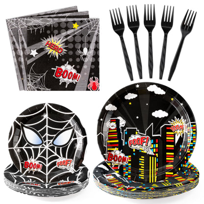 Andi Cppss Black Spider Birthday Party Supplies - 96PCS Black Spider Birthday Party Plates and Napkins Forks Disposable Tableware Birthday Parties Table Dinnerware Baby Shower Plates Serve 24 Guests
