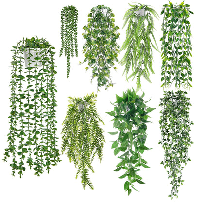 Der Rose 8Pcs Fake Plants Hanging Artificial Ivy Vine Faux Eucalyptus Hanging Plants for Home Boho Wall Shelf Indoor Outdoor Decor (White Pots)