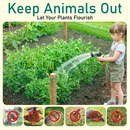 EcoBrisa 13.8x118" Plant Protectors from Animals, 2Roll Metal Mesh Plant Cages for Outdoor Plants Chicken Wire Cloche Wire Mesh for Garden Fence Kit with Ground Stakes & Nylon Tie,Gloves,Plier (Green)