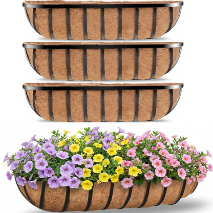HFHOME 30" Deck Railing Planter Box with Horse Trough Coco Liners, Black Window Box Metal Hanging Flower Planters Baskets for Indoor, Outdoor, Balcony, Porch, Fence, Patio, and Lawn (Set of 4)