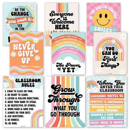 Hadley Designs Motivational Poster for Classroom Decor - 9 Growth Mindset Classroom Posters Elementary, Inspirational Wall Decor Middle School, Teacher Must Haves, Retro Bulletin Board Decorations