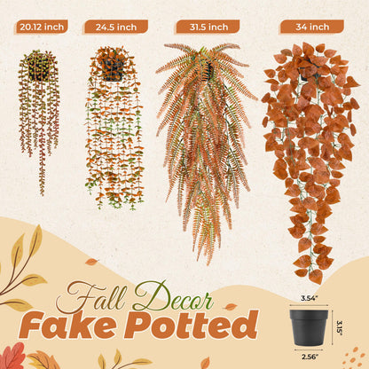 Der Rose 4Pcs Fake Fall Plants Hanging Orange Artificial Eucalyptus Plants, Boston Fern, Fake Potho, String of Pearls for Halloween Bathroom Table Centerpiece Wall Mantle Decor Indoor and Outdoor