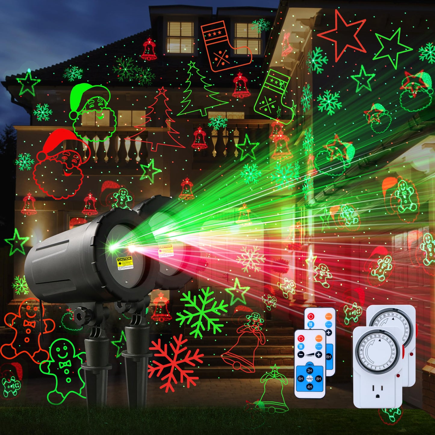 2-Pack Christmas Projector Lights Outdoor Laser Projection with Remote & Bonus Timer – 8 Festive Red & Green Patterns, IP65 Waterproof Xmas Laser Light for Lawn, Garden, Yard & Patio Decorations