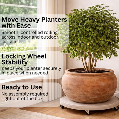 16" Rolling Plant Caddy with Drain Hole, Heavy Duty Plant Dolly with Wheels & Locking Wheel, Indoor Outdoor Planter Base for Pots, Round Plant Tray, Gray Mist, Supports 500 lbs