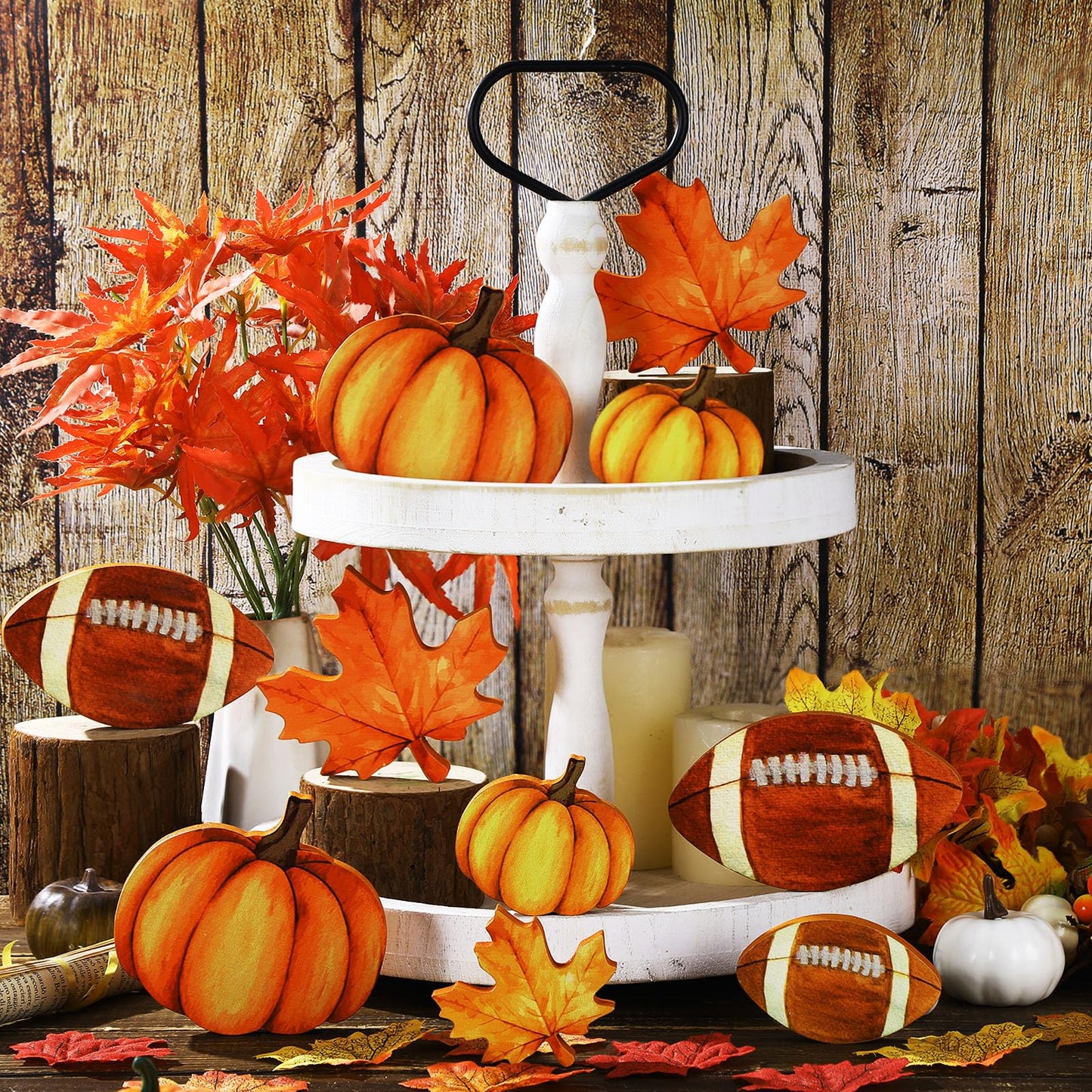 Bencailor 12 Pcs Fall Table Decor Wooden Pumpkins Maple Leaf Fall Football Tiered Tray Decor Thanksgiving Centerpiece Autumn Football Decorations for Home Kitchen Desk Office Party