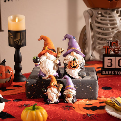 Valery Madelyn Gnomes Halloween Decorations Indoor, 2 Pcs Resin Gnome Decor for Home with Witch Hat Broom Jack O Lantern Moon, Halloween Figurines Elf Dwarf for Table Tiered Tray Outdoor, 3.6"