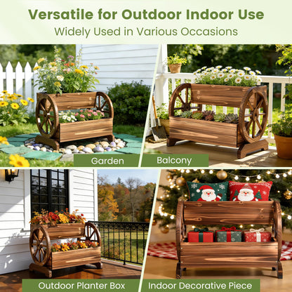 Ultym Wooden Wagon Planter Box, Extra Large 2-Tier Decorative Flower Cart with Wheels, Rustic Wood Planter with Drainage Holes & Non-Woven Liner, Raised Garden Bed for Flowers Herbs Vegetables