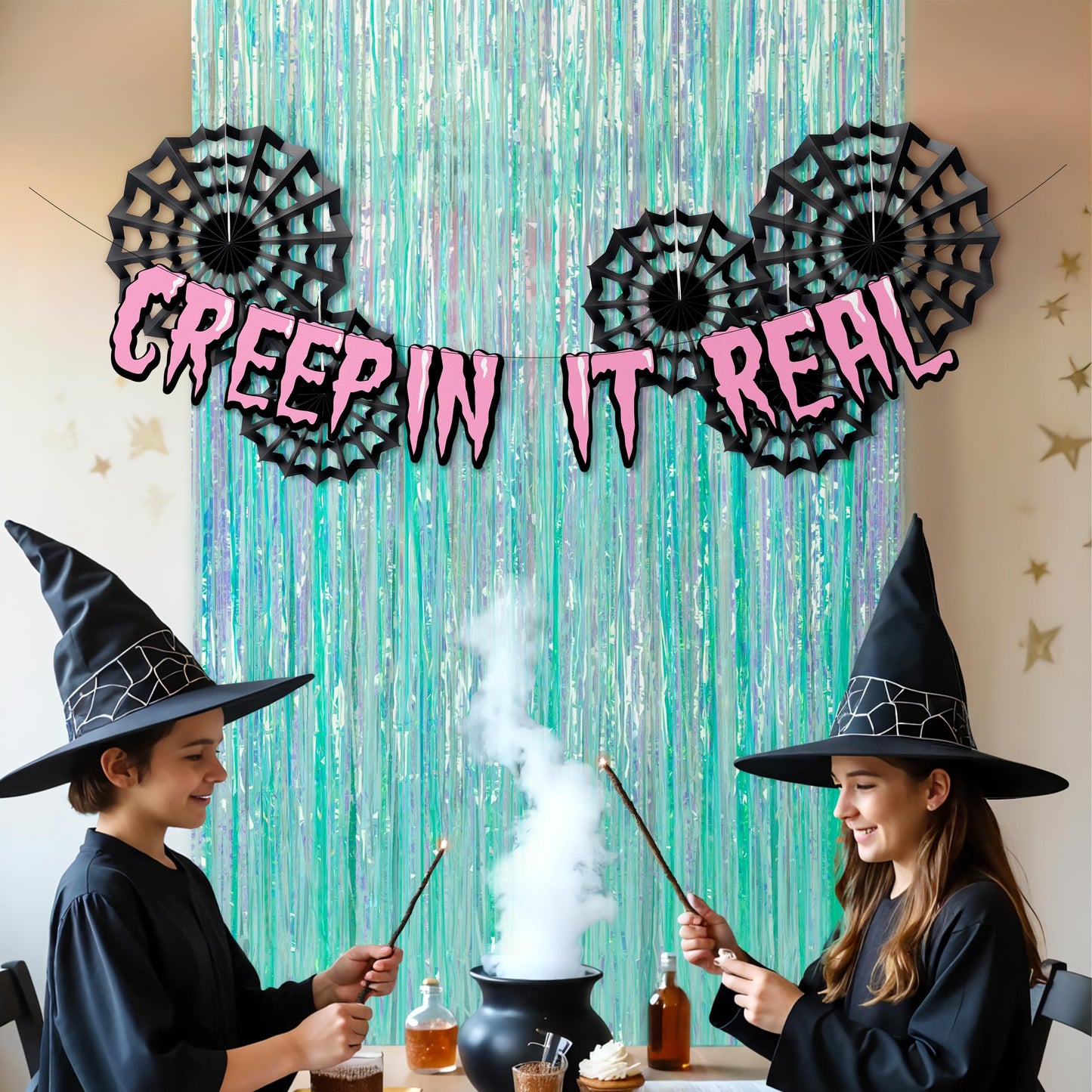 Cheerland Cyan Summerween Spider Web Backdrop Banner Party Decorations Pastel Foil Halloweeween Neon Curtain Streamers Cobweb Paper Fans Photobooth Background for Birthday Witch Cosplay Party Supplies
