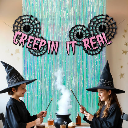 Cheerland Cyan Summerween Spider Web Backdrop Banner Party Decorations Pastel Foil Halloweeween Neon Curtain Streamers Cobweb Paper Fans Photobooth Background for Birthday Witch Cosplay Party Supplies