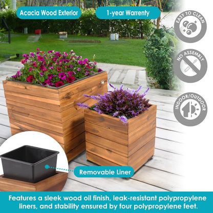 Sunnydaze Indoor/Outdoor Wooden Planter Boxes - 2 Acacia Wood Square Plant Pots with Removable Liners - Light Brown Stain