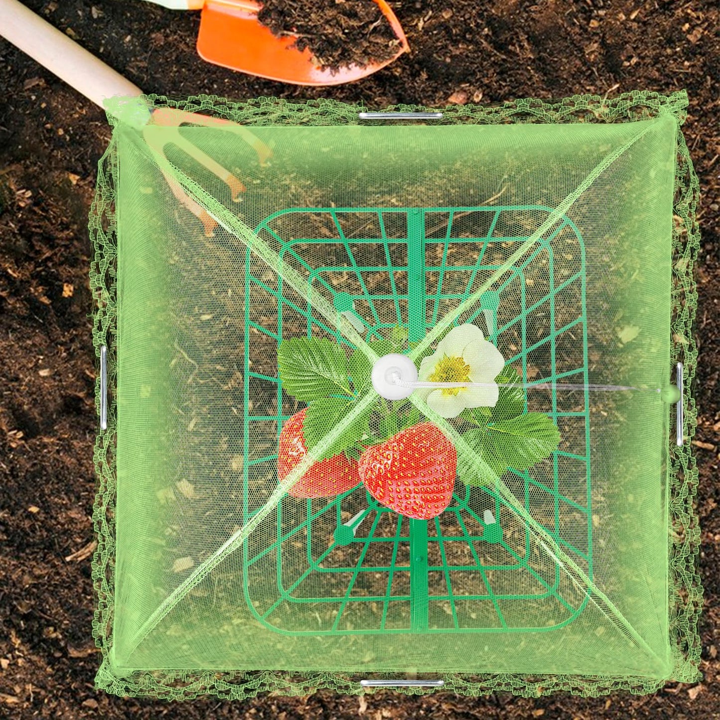 NODMIPNS 4 Sets Strawberry Plant Support with Mesh Cover - Square Gardening Frame, Animal Barrier, Iron Stakes & Storage Bag for Healthy Strawberries, Tomatoes, Veggies (Green) (4 pcs)
