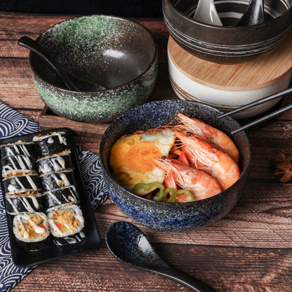 Cteaffee Ceramic Ramen Bowl Set, 38 OZ, Japanese Style, Durable, Microwave & Dishwasher Safe, Includes Spoon & Chopsticks (6), Blue