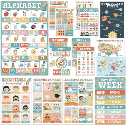 BEAWART 16 Boho Groovy Educational Posters - Alphabet ABC Poster, World Map - Laminated Learning Poster Charts for Classroom Decor - Homeschool and Classroom Wall Decoration