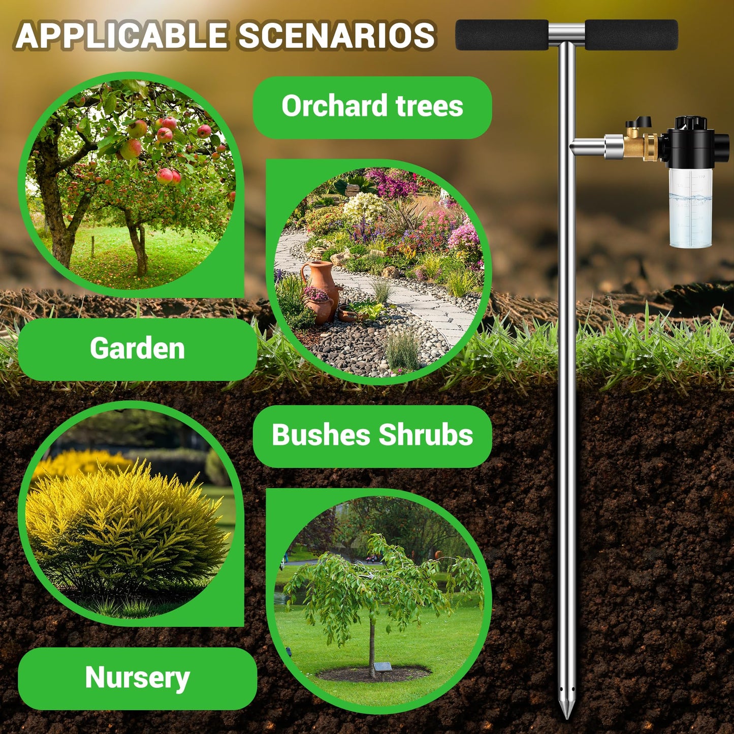 Deep Root Watering Tool for Trees Watering Spike with Fertilizer Bottle | Stainless Steel Root Feeder for Trees Irrigation System for Outdoor Garden, Plant & Shrubs Growth with Brass Valve | T-Handle
