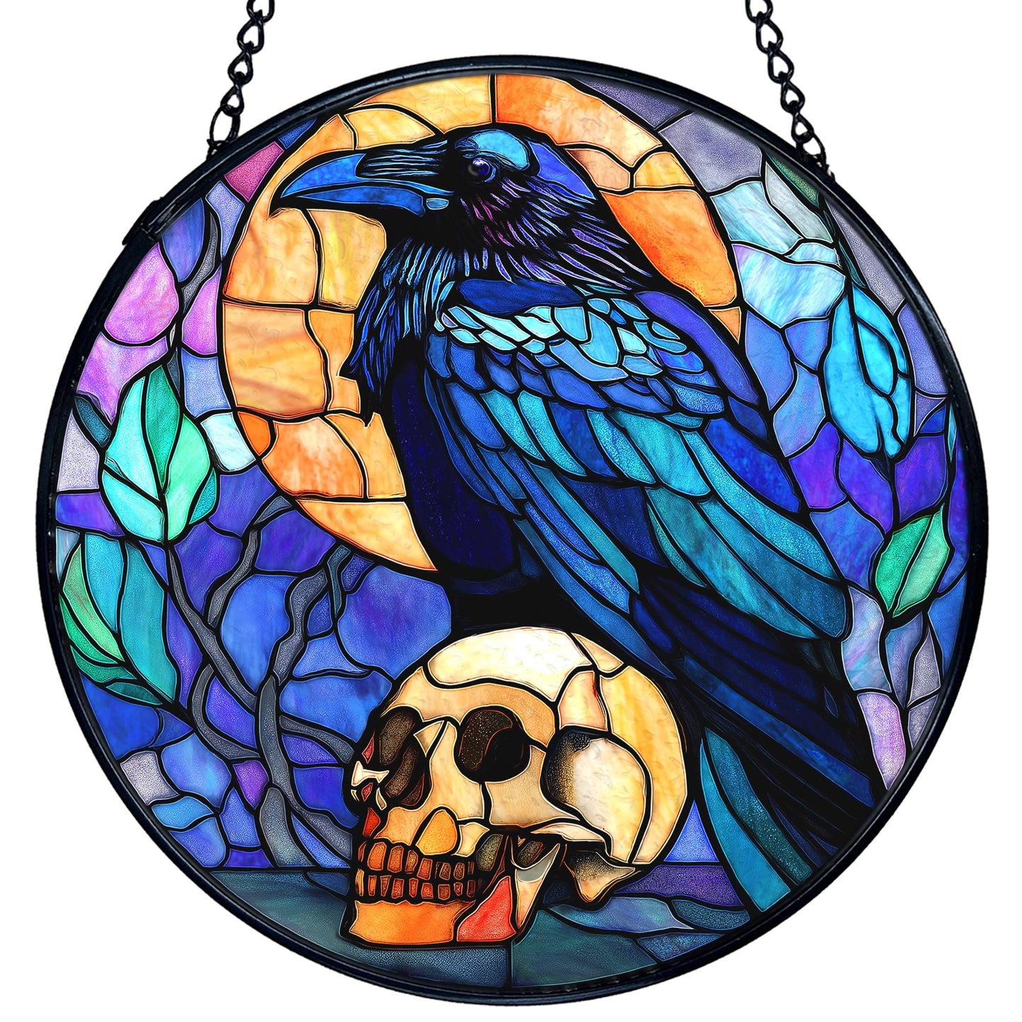 TNUW Black Raven Halloween Stained Glass Window Hanging, Gothic Skull Black Crow Sun Catchers Indoor Window Glass Round Wall Art Decor, Halloween Wall Hanging Decorations, 7.9＂x7.9＂