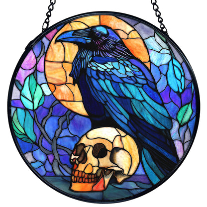 TNUW Black Raven Halloween Stained Glass Window Hanging, Gothic Skull Black Crow Sun Catchers Indoor Window Glass Round Wall Art Decor, Halloween Wall Hanging Decorations, 7.9＂x7.9＂