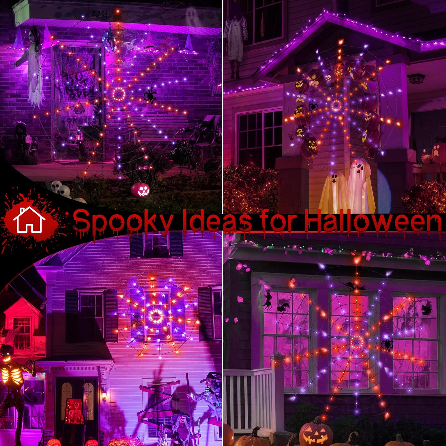 Ollny Spider Web Decoration 4FT 70 LED, Orange and Purple Halloween Lights with Black Spider Battery Powered 8 Modes Timer, Waterproof Cobweb String Light for Outdoor Indoor House Yard Party