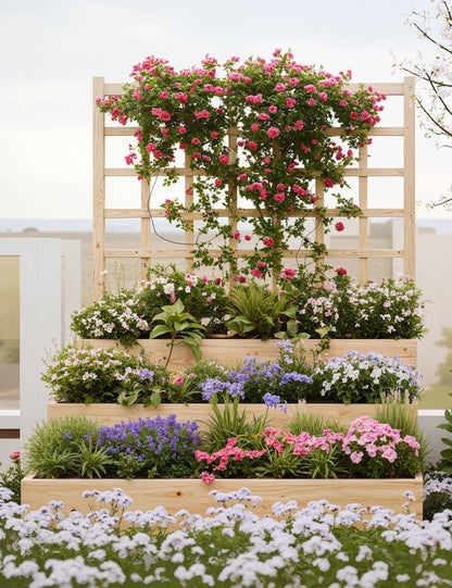 GarveeLife 3-Tier Raised Garden Bed,Wooden Vertical Planters with Trellis & Open-Ended Base for Climbing Plants Vines Flower Herb Vegetable Fruit,Outdoor Planter Boxes for Patio Yard Lawn
