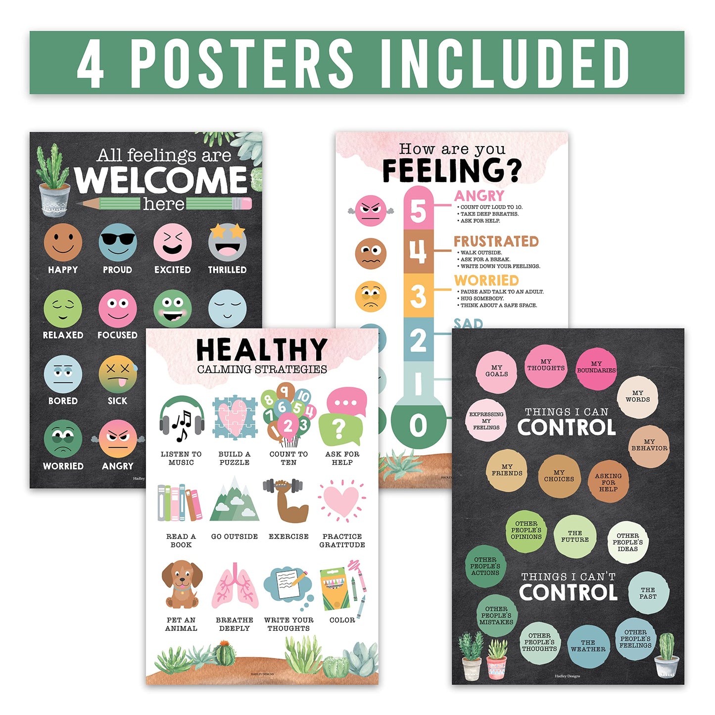 Hadley Designs Feelings Chart for Classroom Must Haves - Emotions Chart for Toddler Calm Down Corner Supplies, Feelings Wheel, Mental Health & Social Emotional Learning Posters, Cactus Classroom Decor