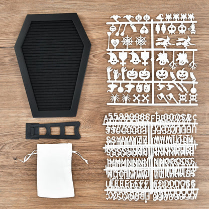 Coffin Letter Board - 354 Characters Spooky Halloween Characters with Wooden Stand and Canvas Bag - 10x7 Inches Small Size - Felt Message Board for Home Office Halloween Supplies & Decor (Black)