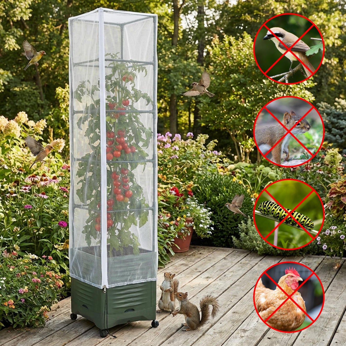 2 Pcs Garden Bird Netting Plant Cover for Square Tomato Cage, 78.7" x 21.6" Insect Bird Barrier Tomato Cage Net with Zipper & Drawstring, Tomato Trellis Netting Protection Cover for Protecting Plants