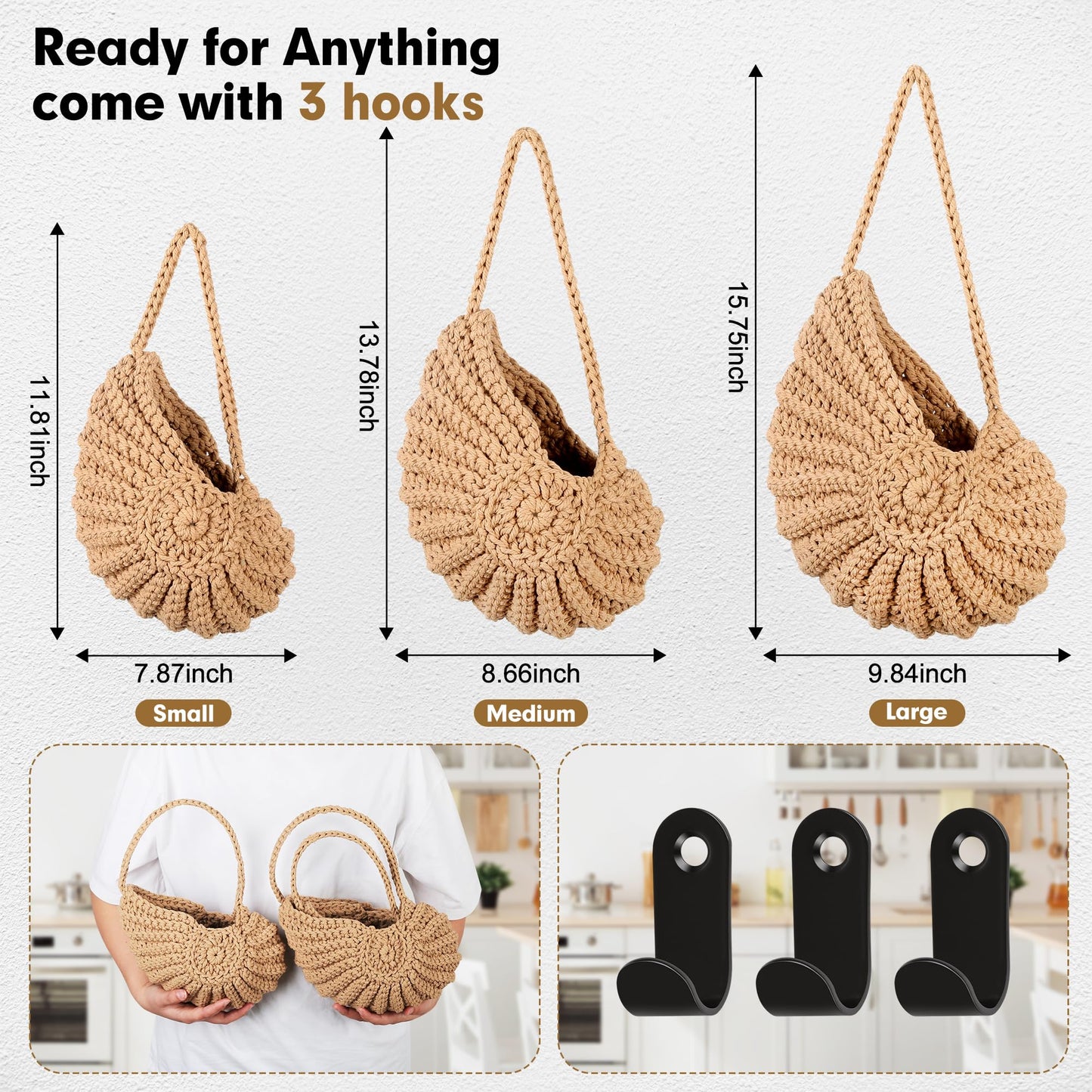 Boho Decor Hanging Wall Baskets for Kitchen, Seashell-Shaped Cotton Fruit Storage for Onion Vegetable Potato, 3 Pack Handwoven Wall Organizer with Hooks, Screws & Nuts