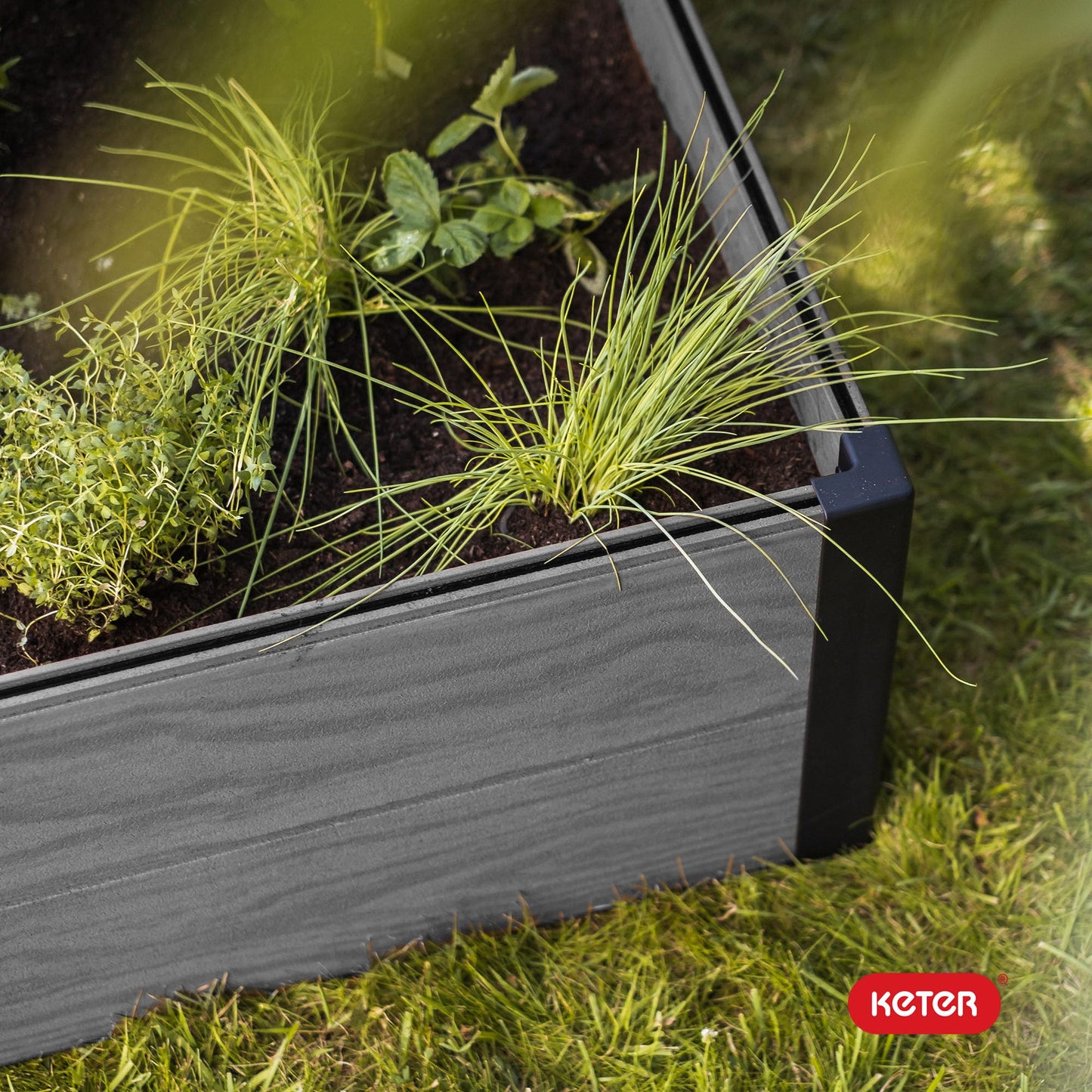 Keter 48" X 48" inches Wood Look Raised Garden Bed, Durable Outdoor Herb Garden Planter for Vegetables, Flowers, and Succulents, Grey