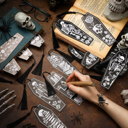 Kolldenn 120 Pcs 12 Styles Halloween Gothic Skeleton Coffin Bookmarks Double Sided Book Tracker Skull Horror Bookmark Gothic Book Marker with Black Tassels for Reading Lovers Gifts Accessories
