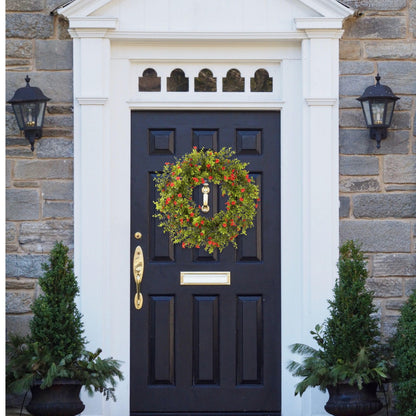 Zhemobang 20" Boxwood Wreath for Front Door – Lush Greenery Wreath with Red Flowers, Artificial Spring & Summer, Farmhouse Decor for Home, Outdoor & Indoor Use
