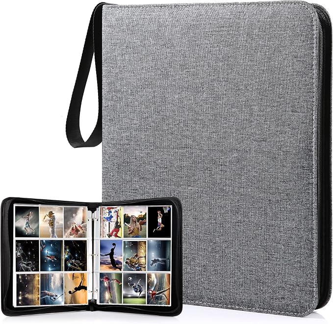 WOT I Trading Card Binder, 900 Pockets Collection Card Binder Sleeves with Polyester Fabric Cover&Zipper, Double Sided Pockets Card Holder Carry Card Case for Standard Size Cards - Grey