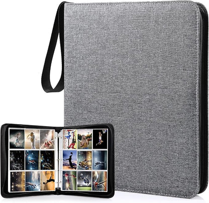 WOT I Trading Card Binder, 900 Pockets Collection Card Binder Sleeves with Polyester Fabric Cover&Zipper, Double Sided Pockets Card Holder Carry Card Case for Standard Size Cards - Grey