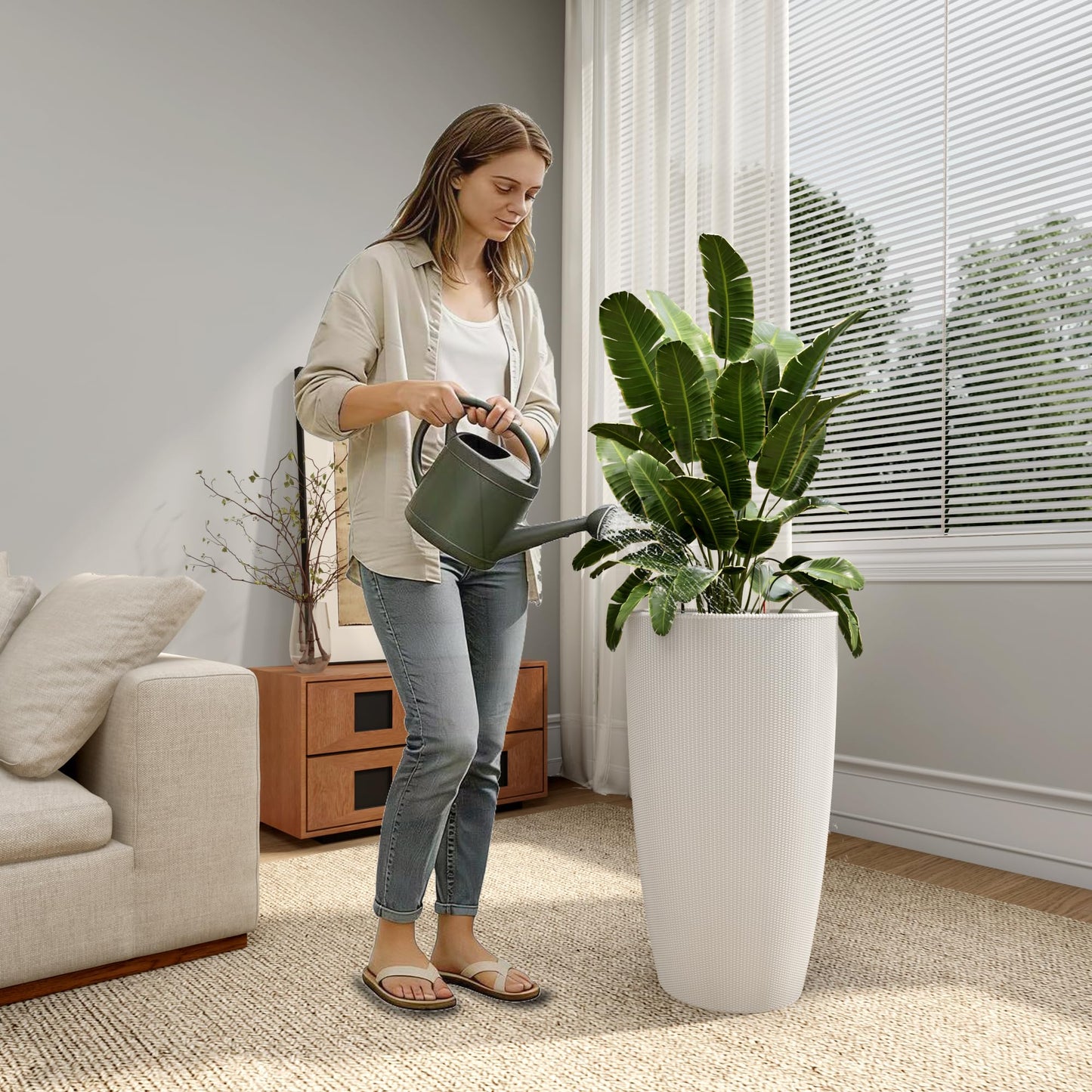 Vigo huseeo 22" Tall Planter Set of 2, Large Self Watering Pots for Indoor/Outdoor Plants with Drain Holes, Water Level Monitor, Inner Bucket for Front Porch Patio, White Rattan Conical