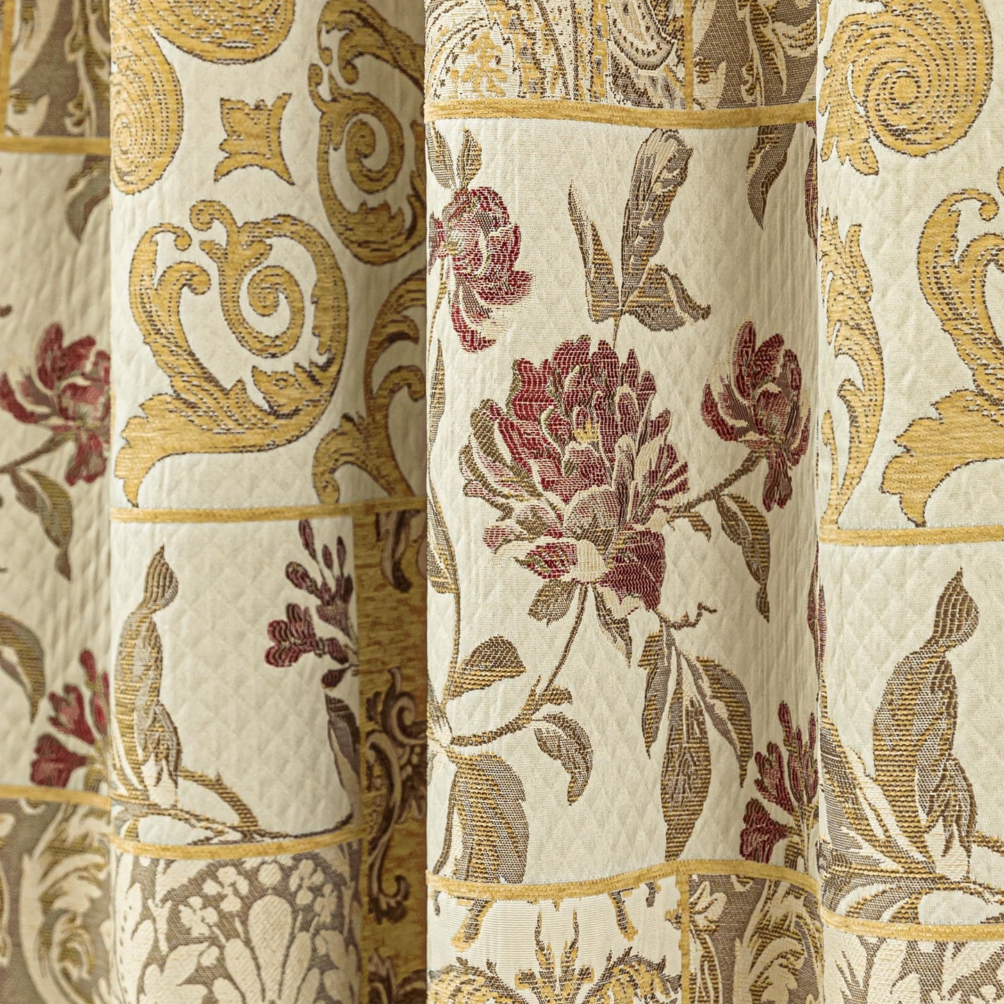 Loom and Mill Damask Patchwork Curtains for Bedroom, Beige Yellow Lined Jacquard Curtains 2 Panels with Tiebacks, Window Curtain for Living Room Banquet Halloween Decor, Rod Pocket(52”x 84”, 2 Panels)