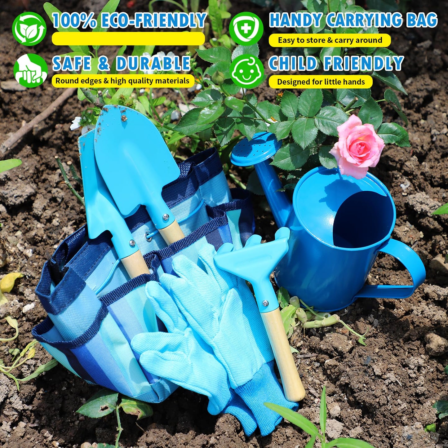 Kids Gardening Tools Set, Toddler Play Kit Child Outdoor Toy with Gloves, Watering Can, Metal Shovel, Rake, Spade & Storage Bag, Backyard Sand Digging Holiday Birthday Gift for Boy Girl 3 4 5 (Blue)