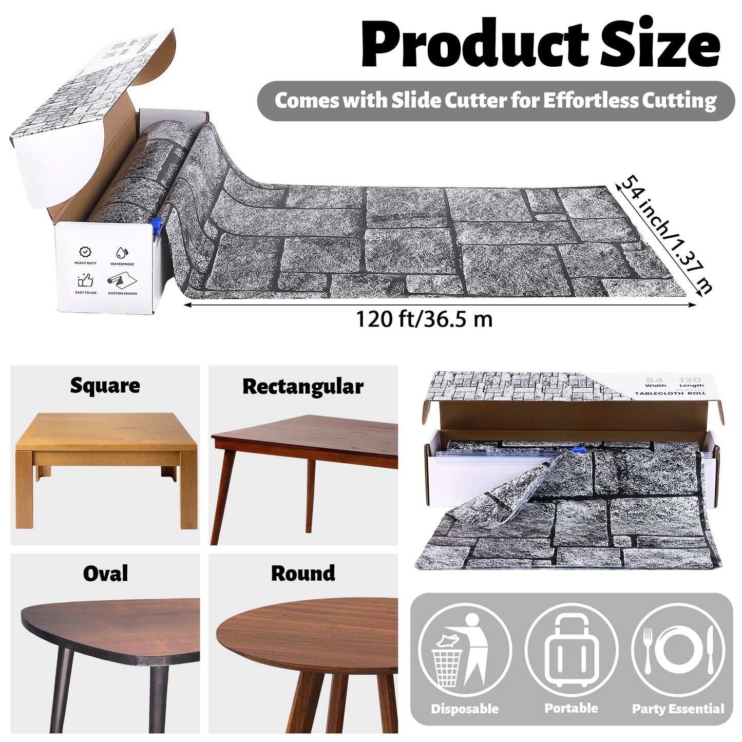Aneco 120 Ft x 54 Inch Halloween Stone Wall Tablecloth Roll with Cutter Box Disposable Brick Stone Plastic Table Cover Medieval Brick Wall Backdrops for Castle Knight Theme Parties and Birthdays