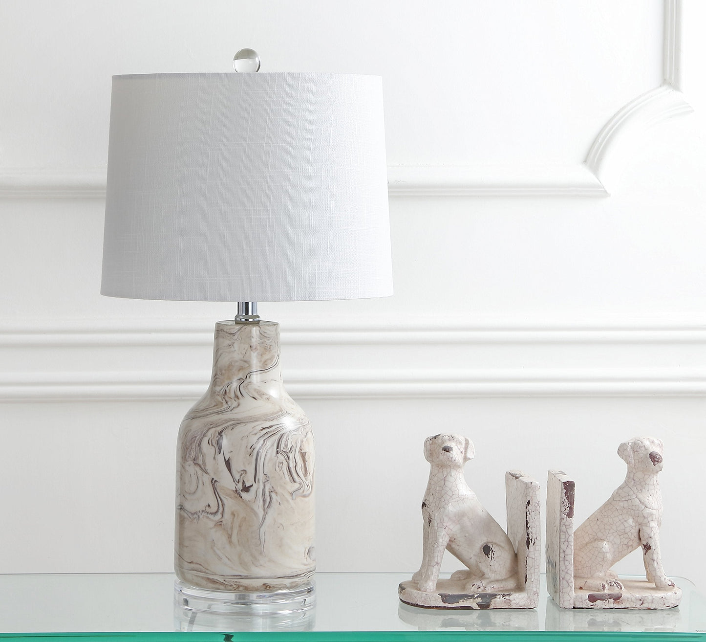 JONATHAN Y 23" Gray and White Marble Ceramic LED Table Lamp, Traditional Hand-Finished Bedside Lamp for Living Room Bedroom, White Linen Shade, LED Bulb Included JYL3004A