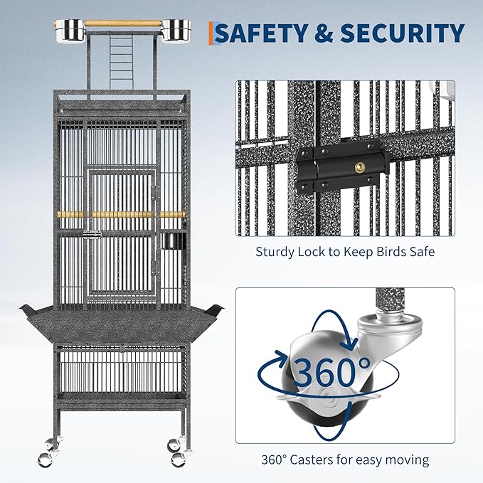 61 Inch Large Parrot Cage with Rolling Caster Wheels -, Smart Feeding & Cleanliness Design, Effortless Maintenance & Assembly, Portable Mobility with Rolling Stand