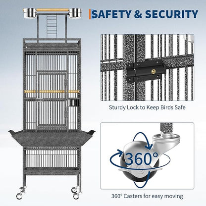 61 Inch Large Parrot Cage with Rolling Caster Wheels -, Smart Feeding & Cleanliness Design, Effortless Maintenance & Assembly, Portable Mobility with Rolling Stand