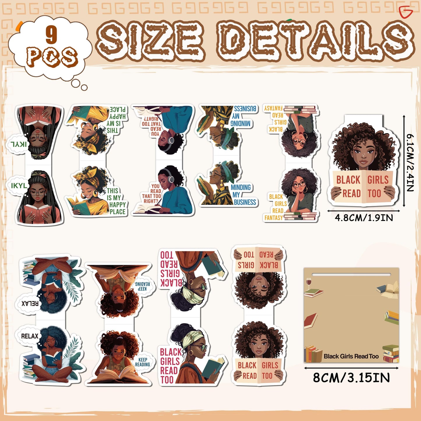 Laffact Reading Bookmarks for Black Girls Women - 9Pcs Black Girls Read Too Magnetic Book Tracker Bulk, Double-Sided Keep Reading Magnets Page Clips for Book Lovers Teachers Bookish Birthday Gift
