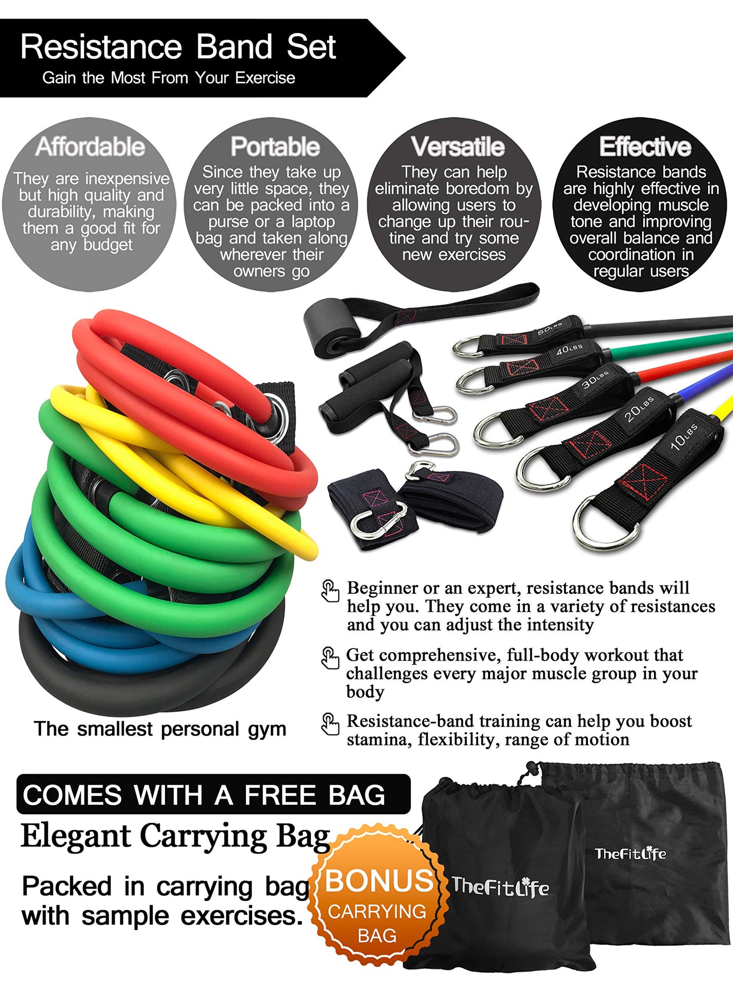 TheFitLife Exercise Resistance Bands with Handles - 5 Fitness Workout Bands Stackable up to 110/150 lbs, Training Tubes with Large Handles, Ankle Straps, Door Anchor Attachment, Carry Bag (150 LBS)