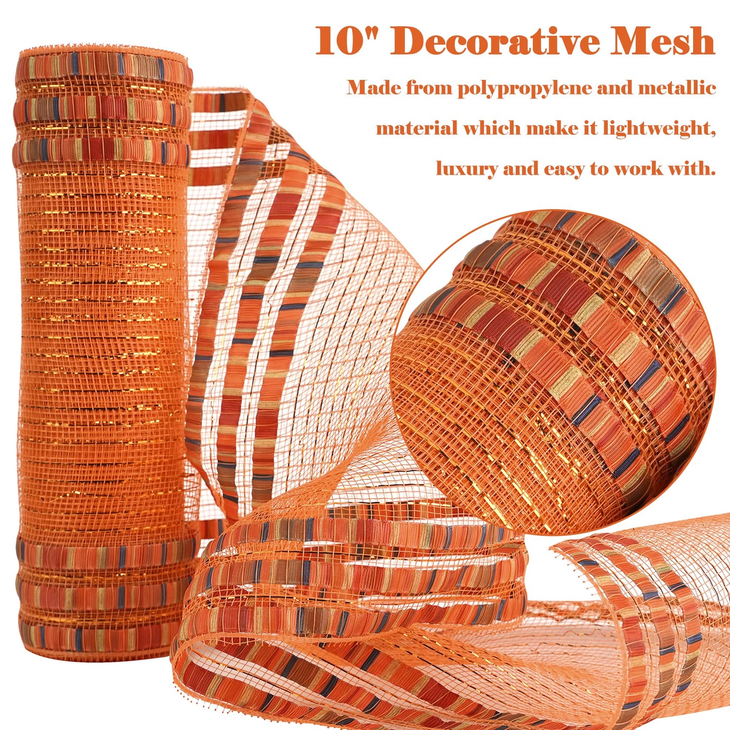 HUIHUANG Fall Deco Mesh 10 inch Wide Metallic Orange Mesh Ribbon Roll with Fall Print Decorative Poly Mesh for Fall Wreath Supplies, Swags, Garland, Thanksgiving Decor, Tree Decor-10 Yards