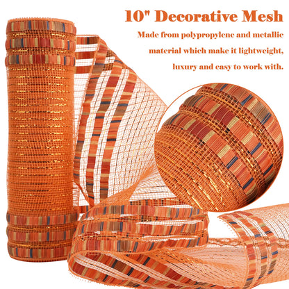 HUIHUANG Fall Deco Mesh 10 inch Wide Metallic Orange Mesh Ribbon Roll with Fall Print Decorative Poly Mesh for Fall Wreath Supplies, Swags, Garland, Thanksgiving Decor, Tree Decor-10 Yards