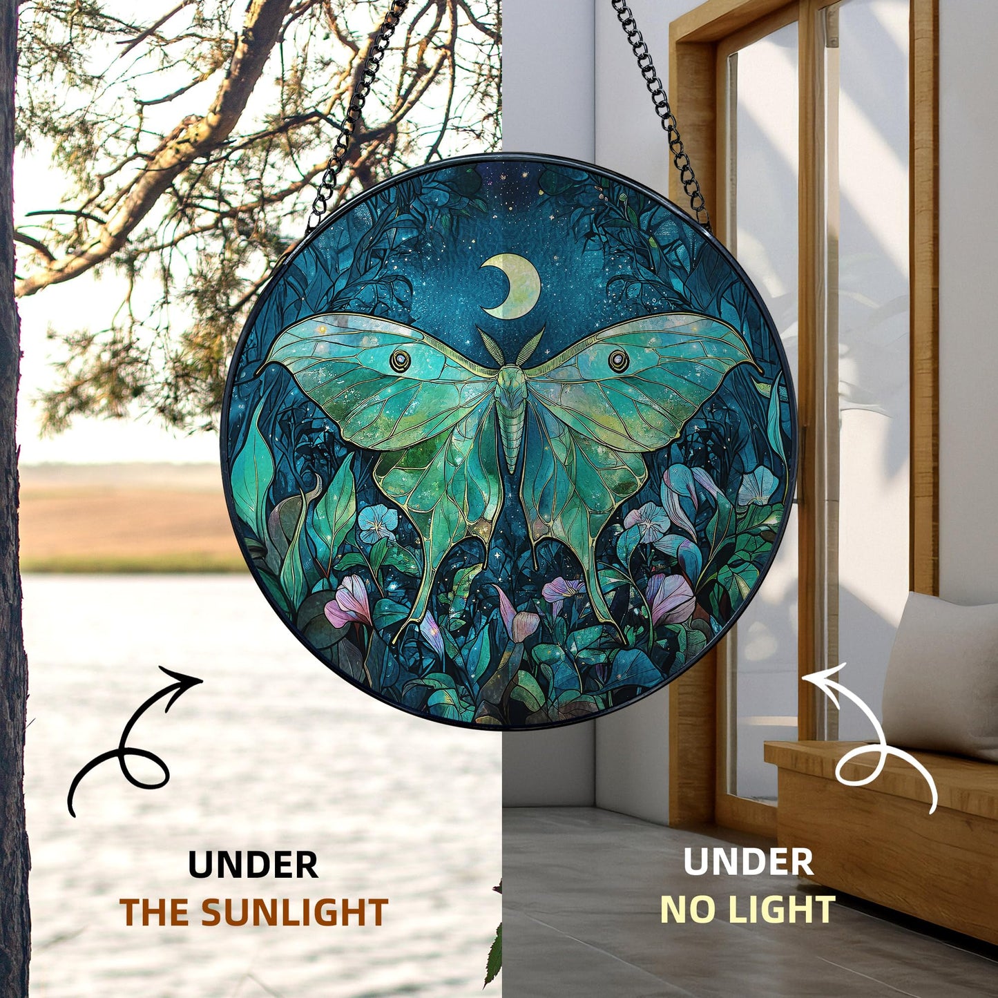 MORDMODUCK Luna Moth Flower Stained Glass Window Hanging, Green Moth Butterfly Suncatchers, Butterfly Wildflower Sun Catchers Indoor Window Glass Wall Art Hanging Decorations, 7.9x7.9in