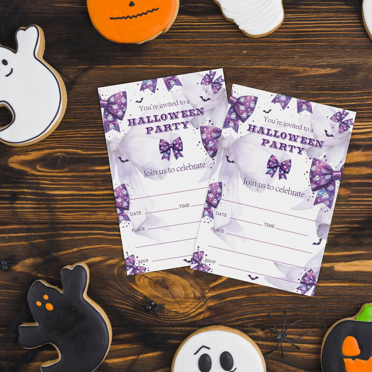 SIXEIGHT Purple Bow Halloween Party Invitations, Cute Ghost Halloween Invitations for Boys Girls, 25 Pack Purple Invite Cards with Envelopes, Wedding Birthday Baby Shower Party Decorations-E07