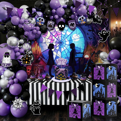 CheerBox Gothic Birthday Party Decorations for Girl - 177 Pcs Purple Black Dark Academia Party Supplies with Original Backdrop, Balloon Boxes, 3D Bats, Cake Topper