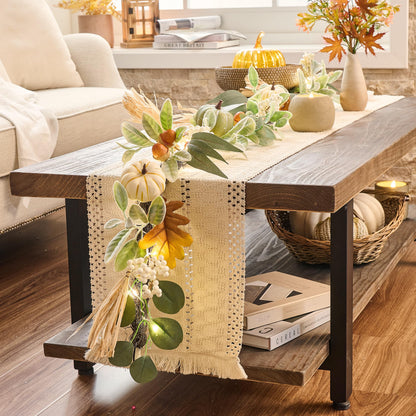 Valery Madelyn Fall Garland for Mantle, 6ft Lambs Ear Leaves Garland with Lights White Pumpkins Thanksgiving Table Centerpiece, Fall Autumn Decorations for Home Porch Fireplace Outdoor Halloween Decor