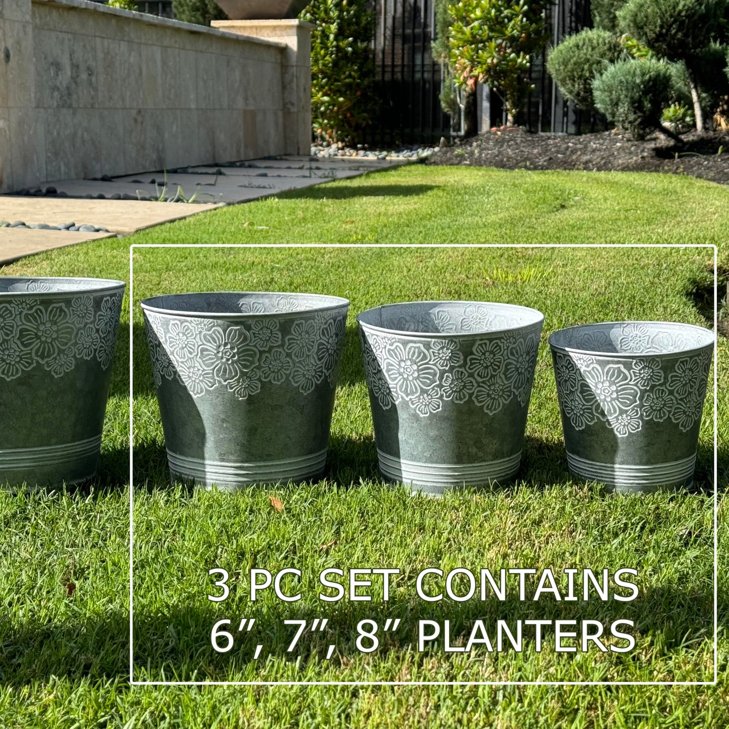allgala Galvanized Planter Pot Indoor and Outdoor Decoration-Round Grey-3-PC-HD88314