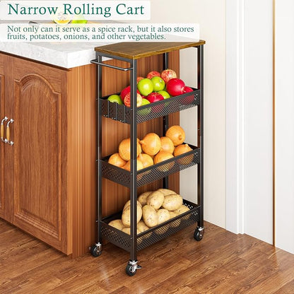 XYZLVSI Slim Storage Cart 4 Tier Fruit and Vegetable Baskets for Kitchen Small Space, Narrow Laundry Cart on Wheels with Wooden Top and Metal Handle for Pantry, Bathroom, Laundry Room