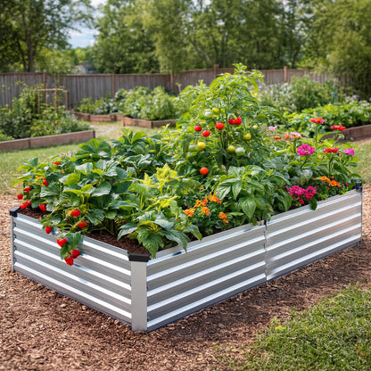 Bujijun 2 Pack 8x4x1FT Galvanized Metal Raised Garden Bed Kit for Vegetables, Herbs, Open-Bottom Large Capacity Outdoor Planter Box Gardening Stakes, Silver